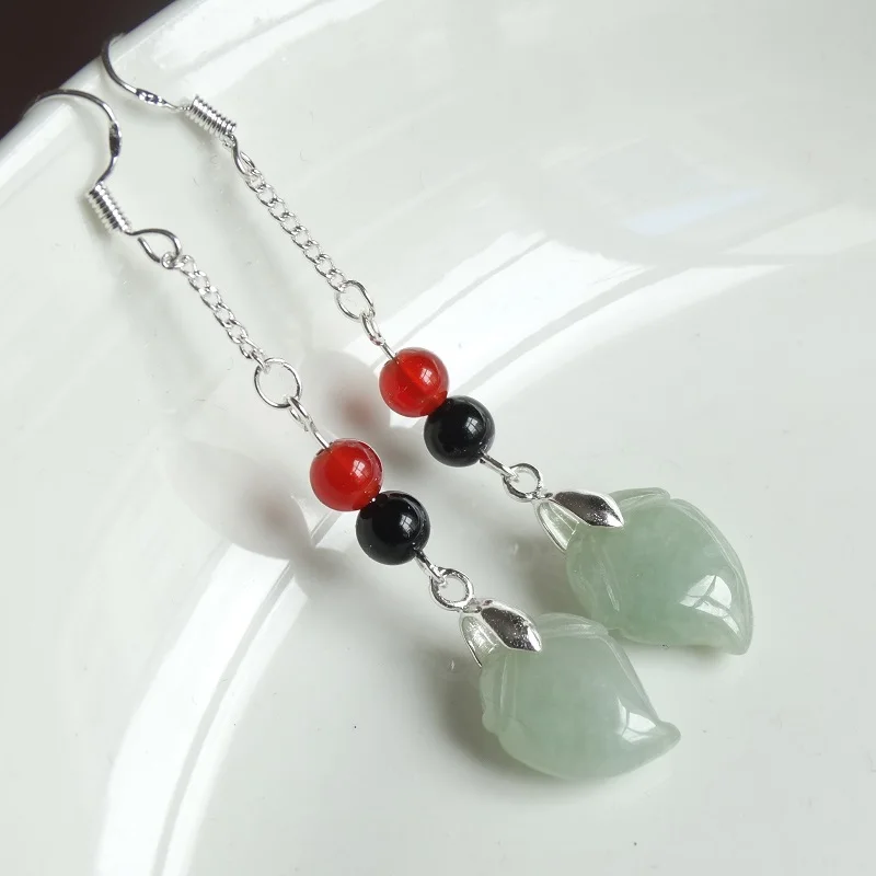 925 Silver Natural Emerald peach Bead Jade Circular Beads Earrings Original DIY By Hand Accessories Women Stone Jewelry | Украшения и