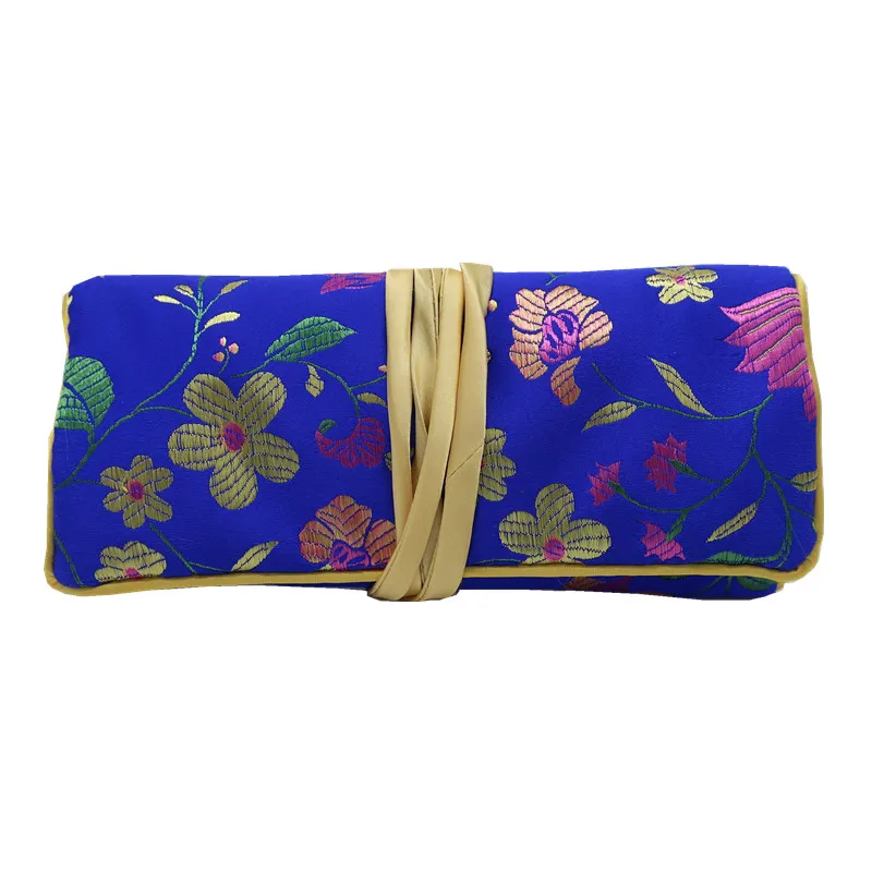 Luxury Portable Jade Silk Satin Flower Jewelry Roll Travel Pouch Cosmetic Makeup Storage Bag  3 Zipper Foldable Women Coin Purse