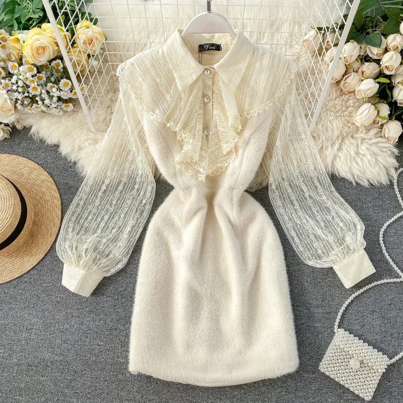 2020 Новая мода Женская одежда кружевное платье женское с пышными рукавами выше