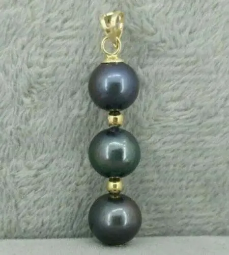 

Black round AAA 9-10 mm natural Tahitian pearl pendant necklace 925silver Gold