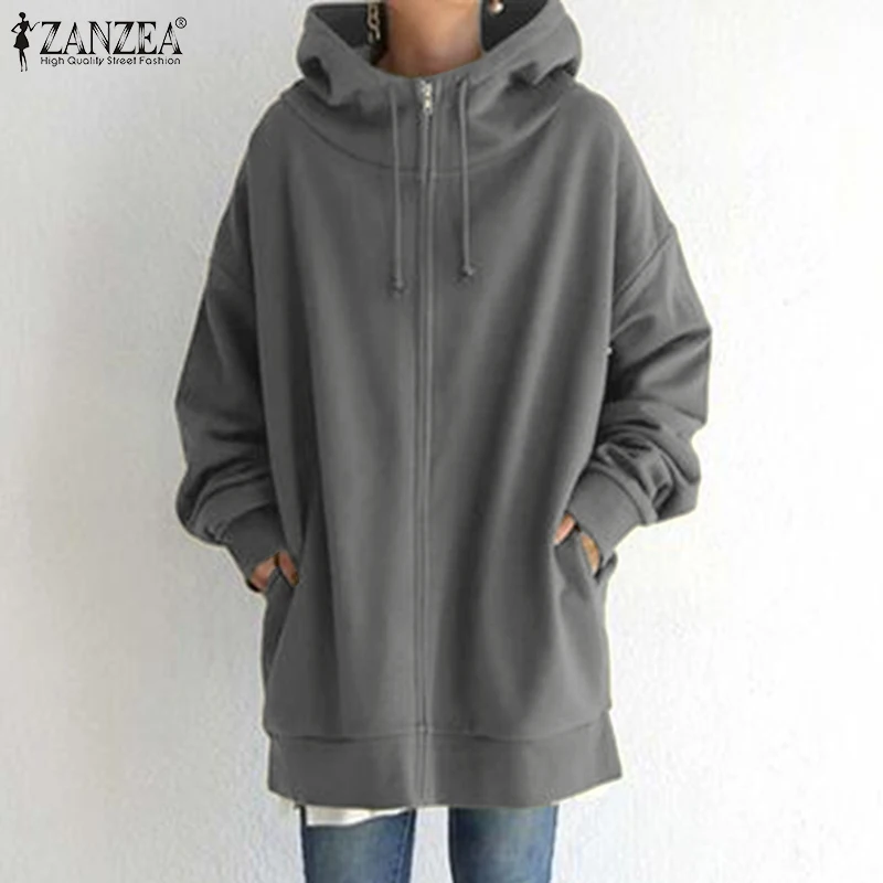 Autumn Sweatshirt Coats ZANZEA 2022 Fashion Women Hoodies Long Sleeve Jackets Casual Hooded Outwear Solid Loose Pullovers