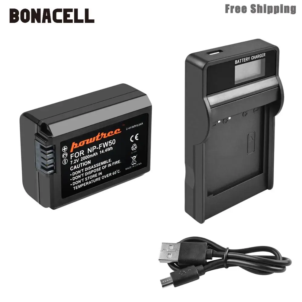 Bonacell 2000 мА/ч, NP-FW50 NP FW50 Батарея+ ЖК-дисплей Зарядное устройство AKKU для sony NEX-7 NEX-5N NEX-5R NEX-F3 NEX-3D Alpha a5000 a6000 L50