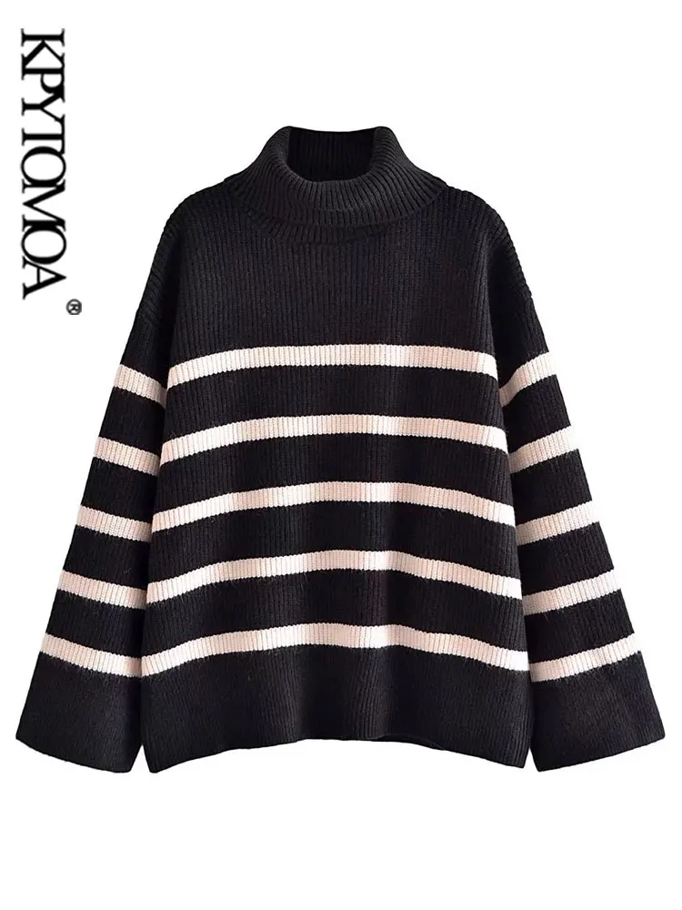 

KPYTOMOA женский модный Свободный Полосатый вязаный свитер, винтажные женские пуловеры с высоким воротником и длинным рукавом, шикарные топы