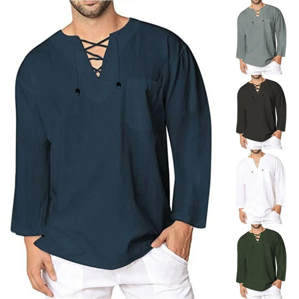 

Men's Plain V-Neck Long Sleeve Pocket T-Shirt Summer Holiday Loose Blouse Tops