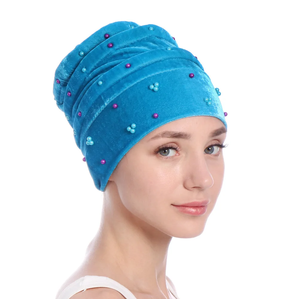 Женская бархатная Beanie Skullies Islamic Bonnet Pearls Head Wrap африканская шапка Muslilm Slouch после