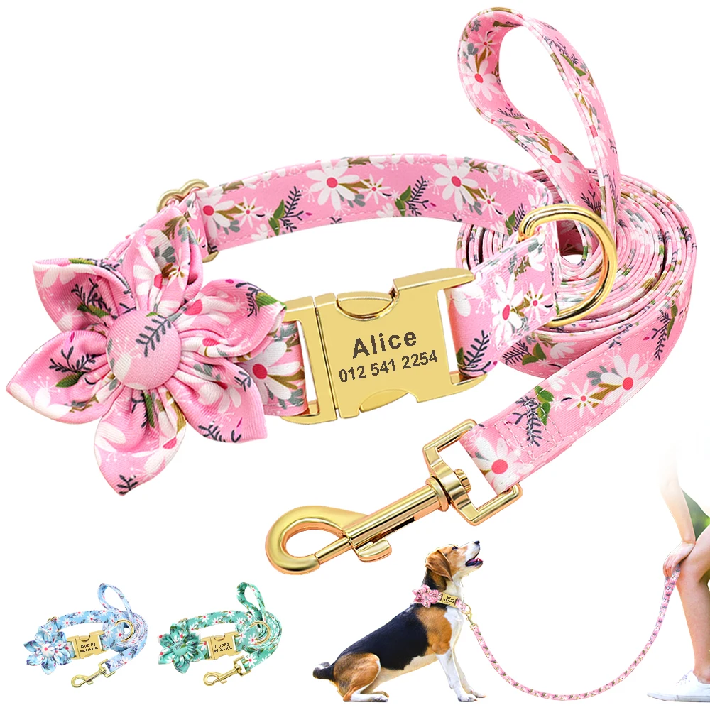 Ошейник и поводок для собак с цветочным принтом персонализированные нейлоновые