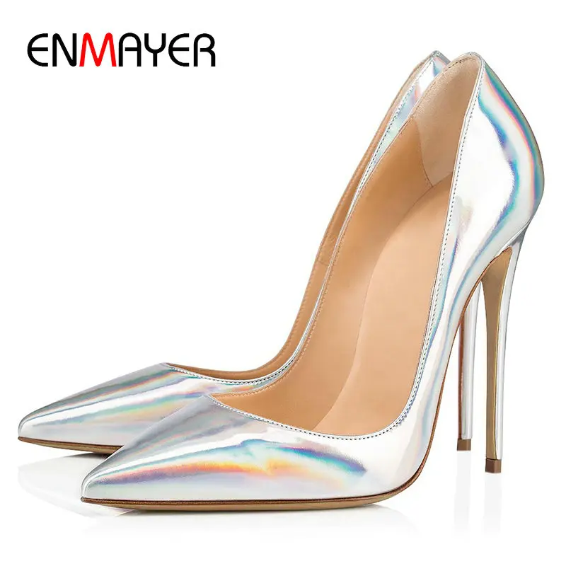 

ENMAYER 2020 Patent Leather Party Slip-On Shoes Woman Pointed Toe Thin Heels Spring/Autumn Sexy High Heels Shallow Ladies Shoes