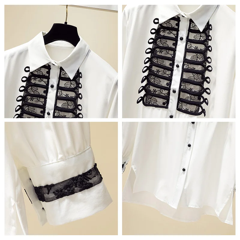 

Plus Size 4XL Vintage Black White Shirts Summer Womens Sexy Lace Patchwork Single-breasted Elegant Long Blouses Office Lady Tops