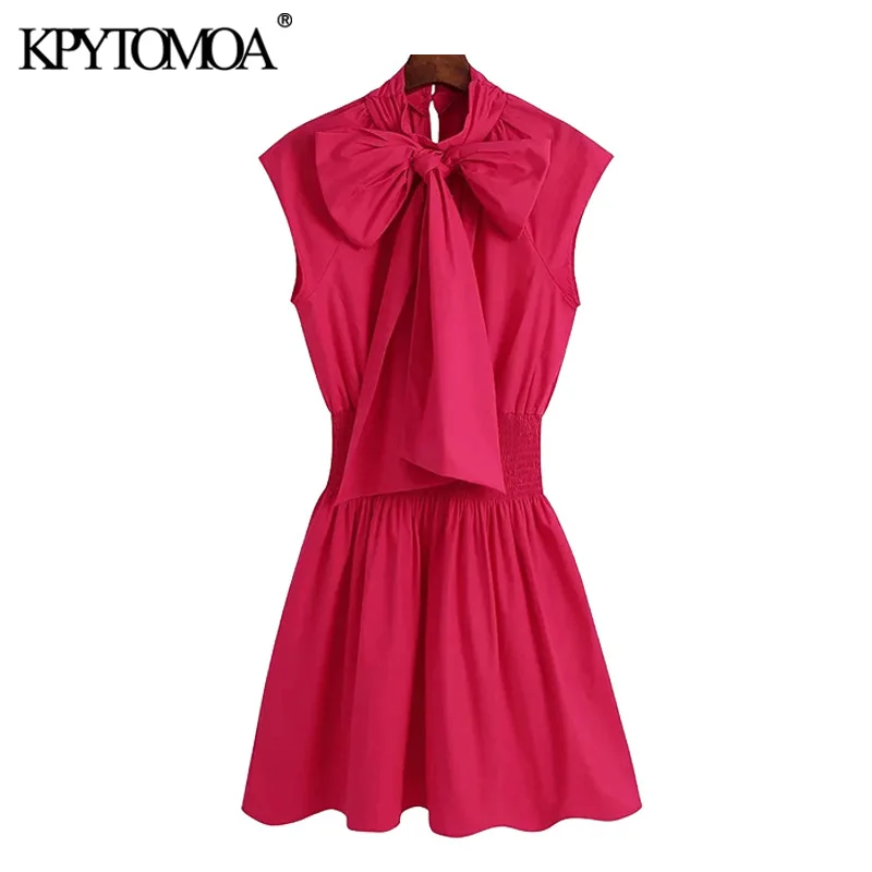 

KPYTOMOA Women 2021 Chic Fashion With Bow Tied Pleated Mini Dress Vintage Sleeveless Elastic Waist Female Dresses Vestidos Mujer