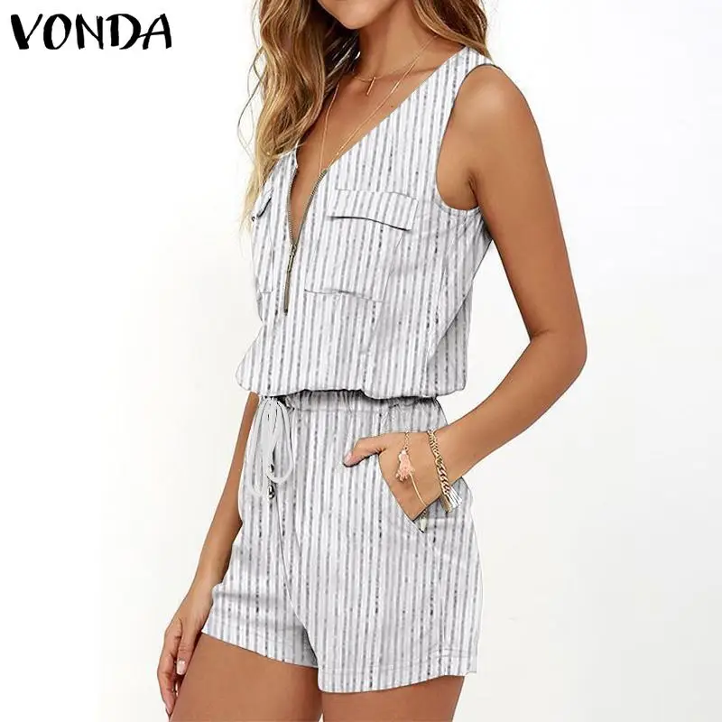 

VONDA 2021 Women Summer Overalls Women's Fashion Jumpsuits Casual V Neck Rompers Stripe Short Sleeveless Playsuits Plus Size 5XL