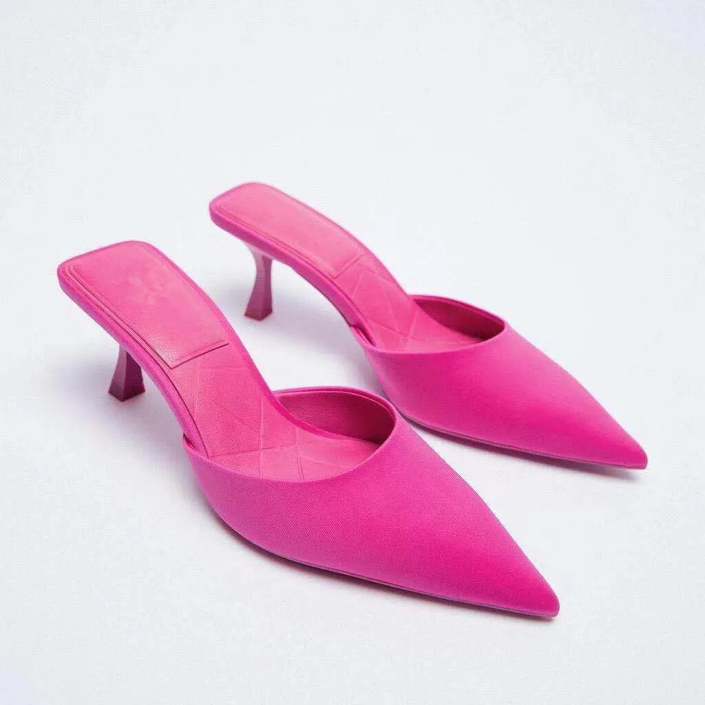 

Female Shoes Slippers Soft Platform Women Heels Pointed Toe Med Mules Sexy 2021 Comfort Summer High Square heel Basic Fabric PU