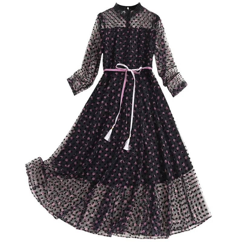 

AELESEEN Vintage Designer Dots Dress Runway Fashion Long Sleeve Mesh Belt A-Line Casual Party Holiday Dress Vestidos