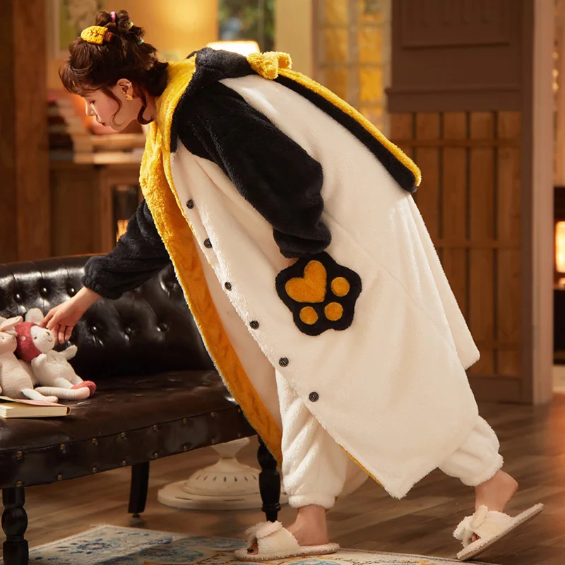 Winter Pajamas Plus Size Women Sleepwear Medium Style Set Loose Version Keep Warm Intensification Pyjamas Plush Nightgown Hooded