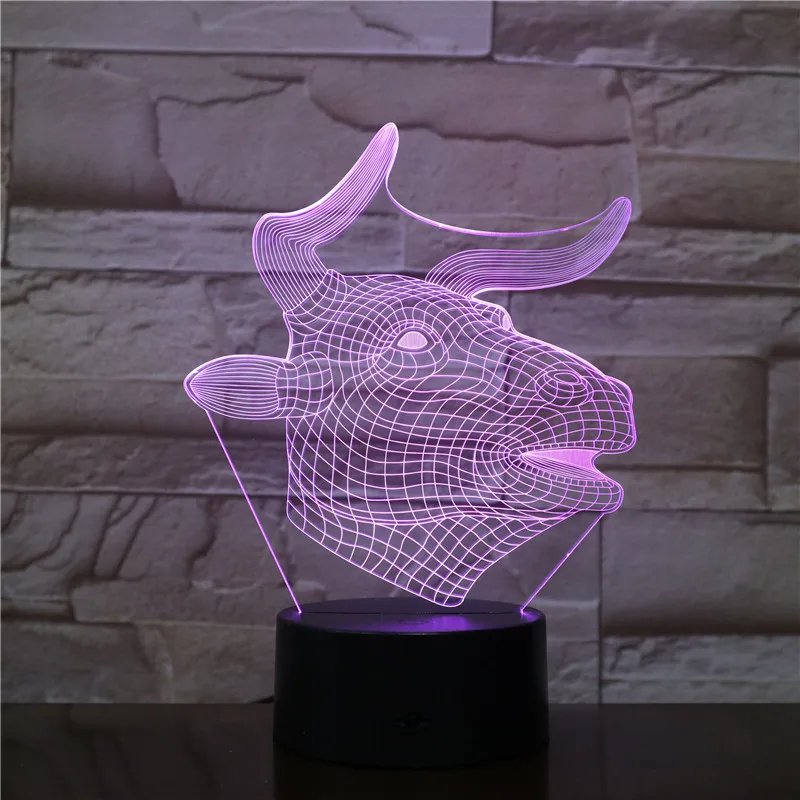 2019 Новинка 3D ночной Светильник бык мультяшная голова крупного рогатого скота