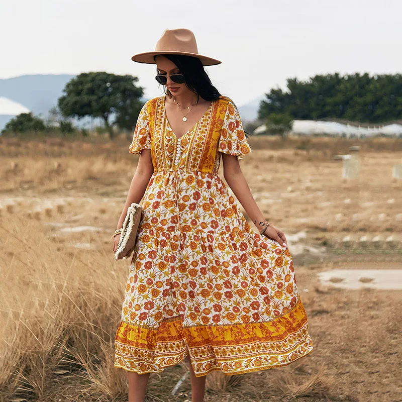 

2021 Summer European Style Ranch Holiday Casual Dress Temperament Elegant Printed Big Swing Dress