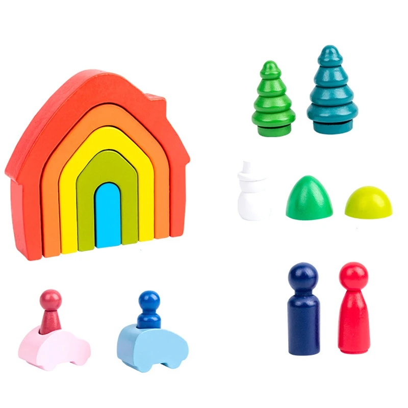 

Wooden Blocks Rainbow Stacker Toys for Kids Creative Rainbow House Building Blocks Educational Toys for Children