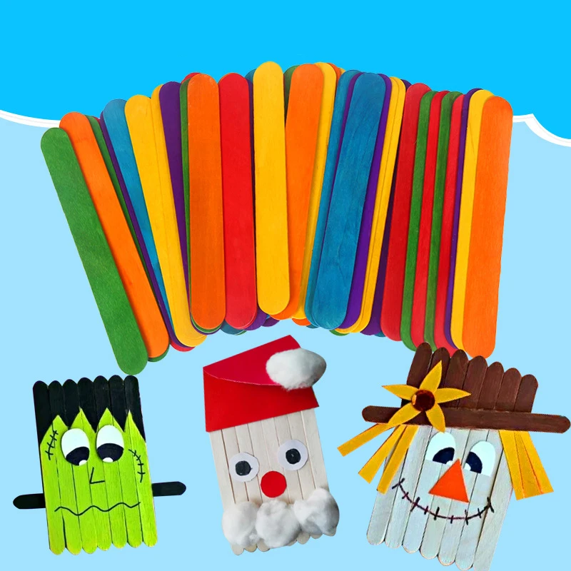 

50Pcs DIY Wooden Stick Popsicle Ice Cream Sticks Colorful Hand Crafts Art Creative Educational Toys For Children Kids Baby