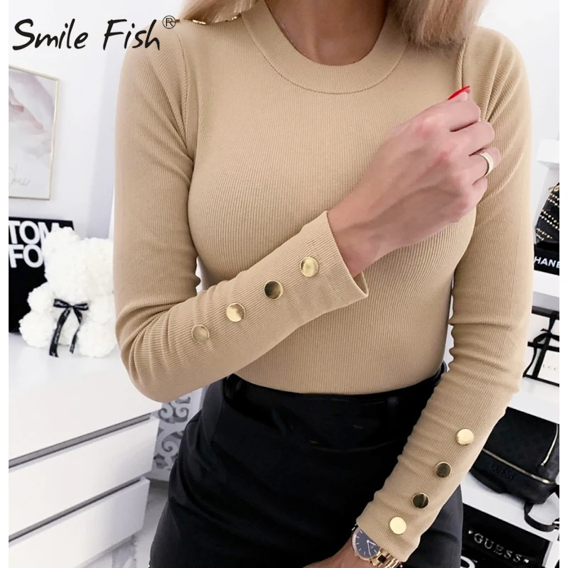 Водолазка на пуговицах с длинным рукавом Вязаные Рубашки Женские базовые