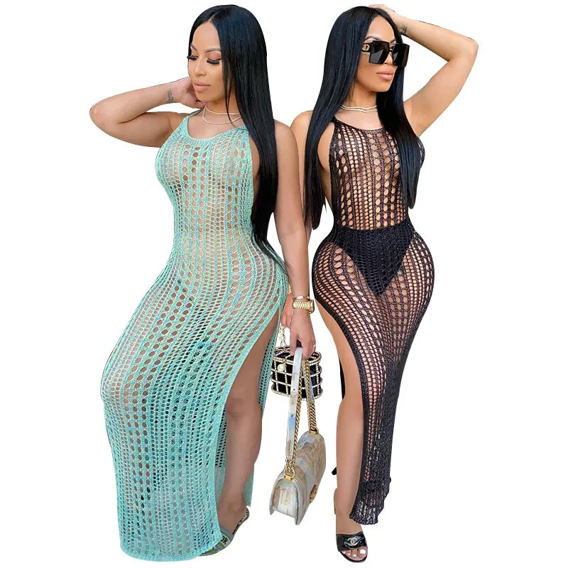 Пляжное сексуальное вязаное крючком длинное платье с лямкой через шею и высоким