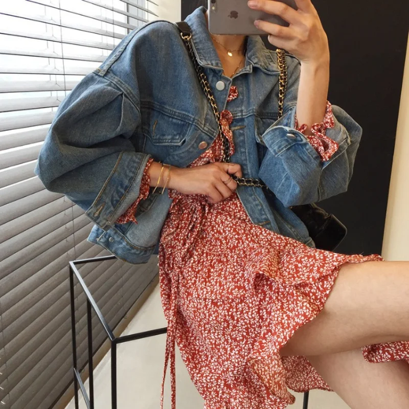 

TBBMMHAN Chic All Match Women Jacket Puff Sleeve Short Vintage 2020 Spring Chaqueta Mujer Korean Pleated Denim Jacket