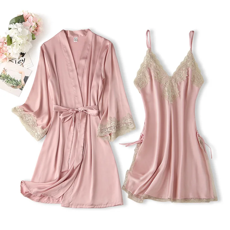 

Satin Women 2PCS Robe Set Sleepwear With Lace Kimono Bathrobe Gown Intimate Lingerie Soft Nightgown Nightwear Sexy Homewear