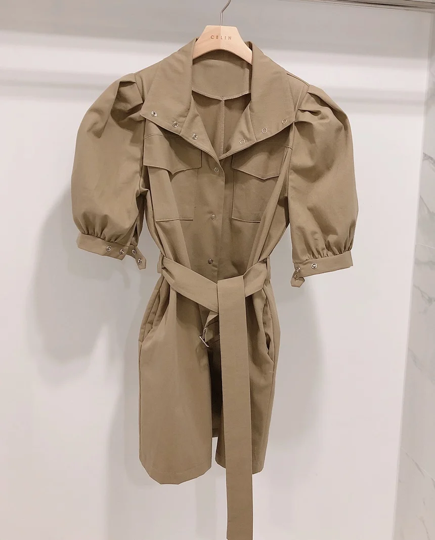 

Summer Casual Women's Vintage Dress 2021 Robe Solid Color Lapel Waist Puff Sleeve Tooling Dress With Belt Female Korean Clothing