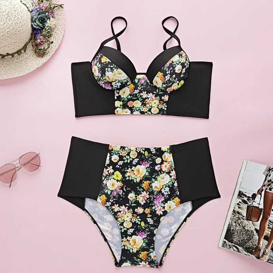 

Floral Print Plus Size Two Piece Swimsuit Women Large Size High Waist Bikinis Set Swimwear 2020 Splicing Bandage Bathing Suits