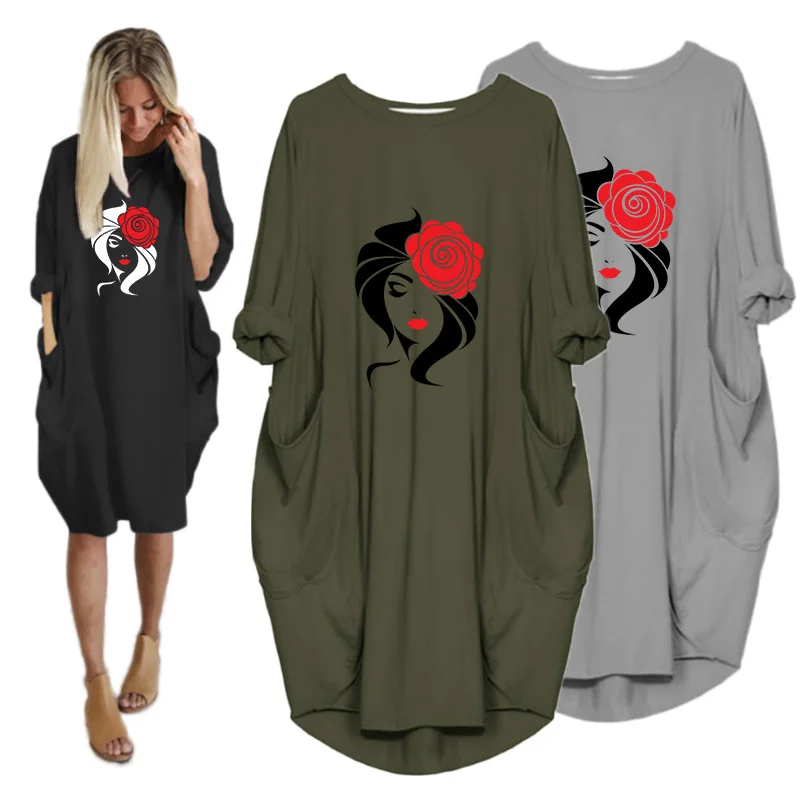 

Simple Woman Dress Rose Print Long Sleeve o Neck Pocket Casual Vintage Vestidos Robes Fall 2020 Women Clothing
