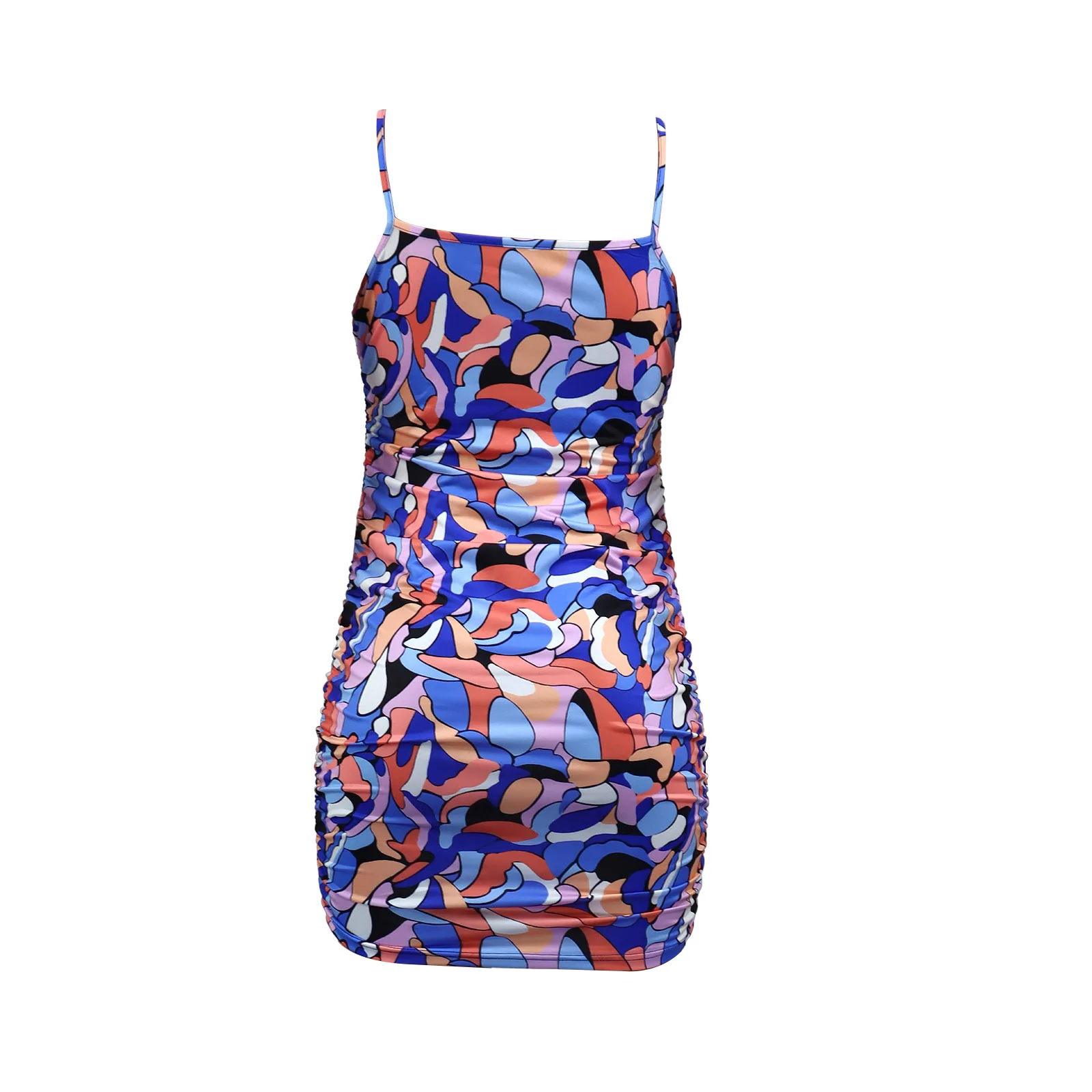 

Women's Bodycon Mini Dress, Sleeveless Spaghetti Strap Geometric Print Ruched Cami Dress