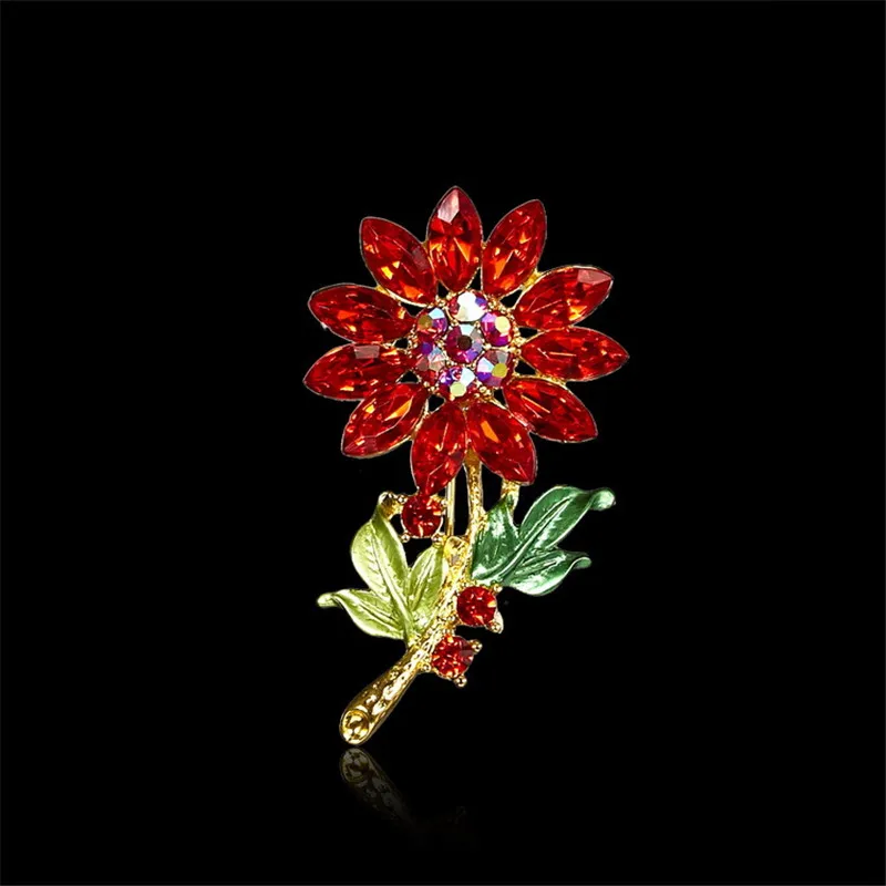 

Vintage Rhinestone Sunflower Brooch Gold Tone with Green Leaf Sparkly Party Jewellery Wedding Crystal Sunflower Brooch Pin FG3DG