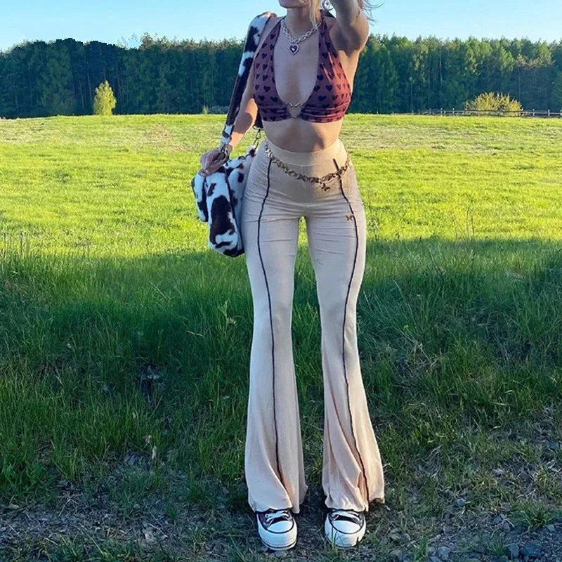 

Khaki Vintage Y2K Joggers Women Harajuku Flare Pants Slim High Waist Girl Aesthetic Trousers Female 90s Sweatpants