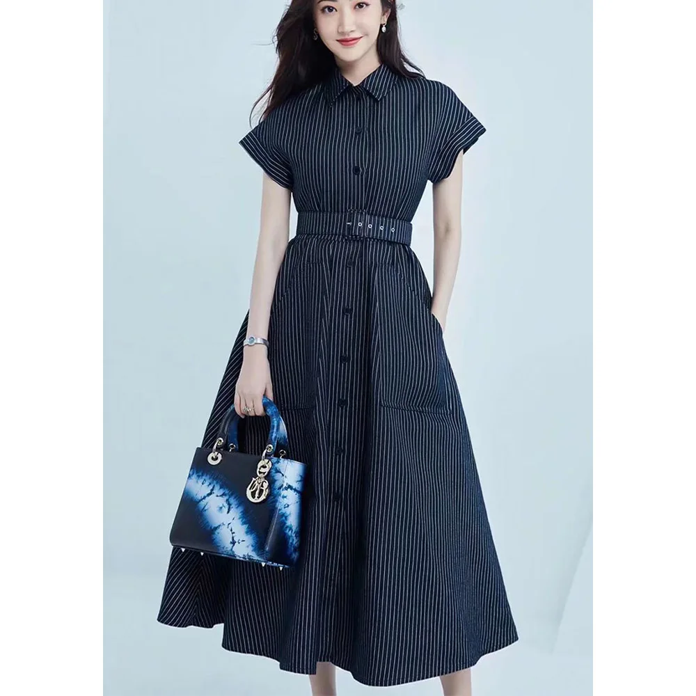 

Dress 2021 French Elegant thin Striped Shirt Dress Short Sleeve Female Dresses Vestidos Mujer