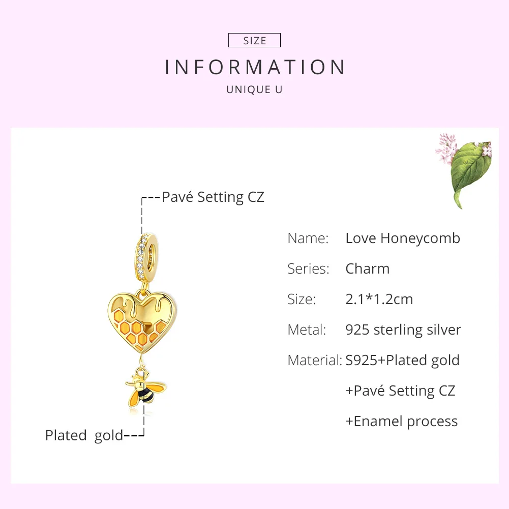 

BISAER 2020 Love Honeycomb Charms 925 Sterling Silver Golden Color Pendant Beads for Bracelet Necklaces DIY Jewelry HSC1714