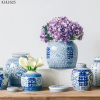 european blue flower ceramic vase sealed storage jar desktop ornaments hydroponic vase flower arrangement home decoration modern