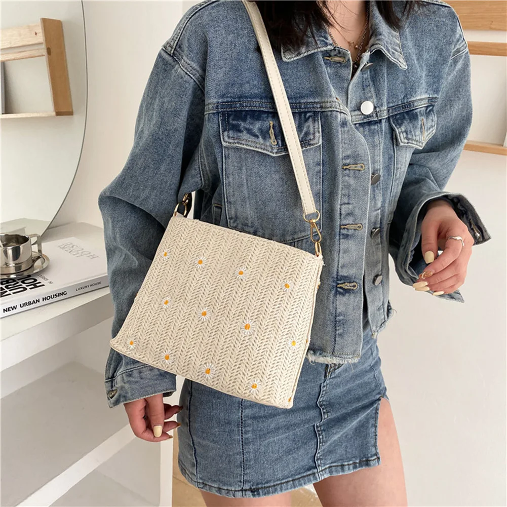 

Fashion Women Mesh Straw Woven Daisy Embroidery Shoulder Crossbody Bag Casual Ladies Small Messenger Bags