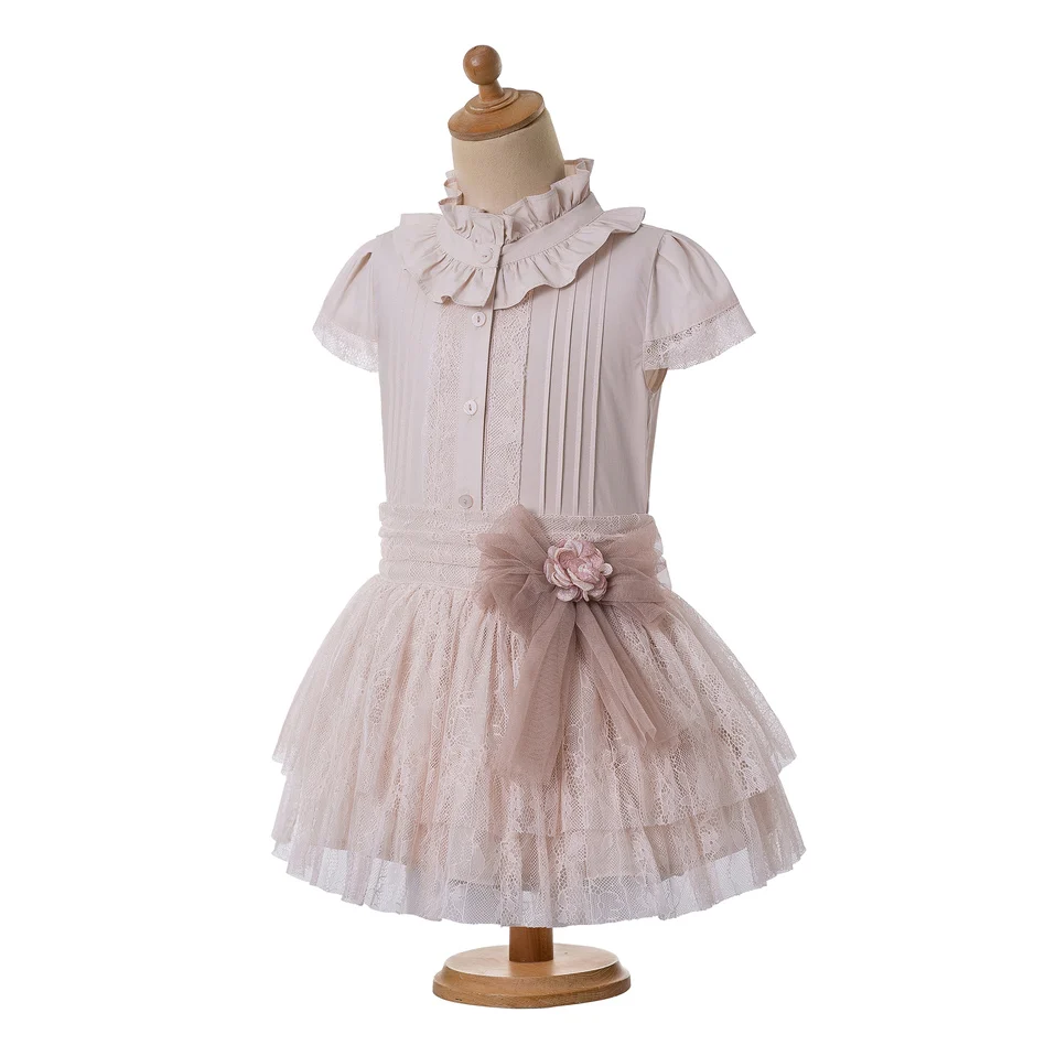 Платья с воротником оборкой летний кружевной комплект одежды для девочек бантом