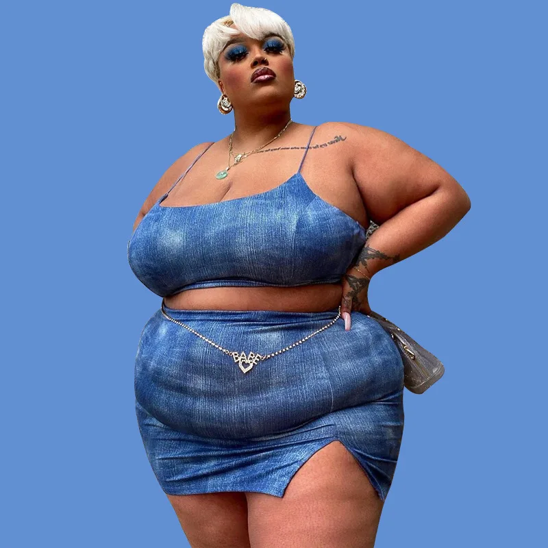 

Plus Size Crop Top Spaghetti Strap Split Skirt Outfit Large Size Women's Two Piece Suit Dress Casual Female Clothes New