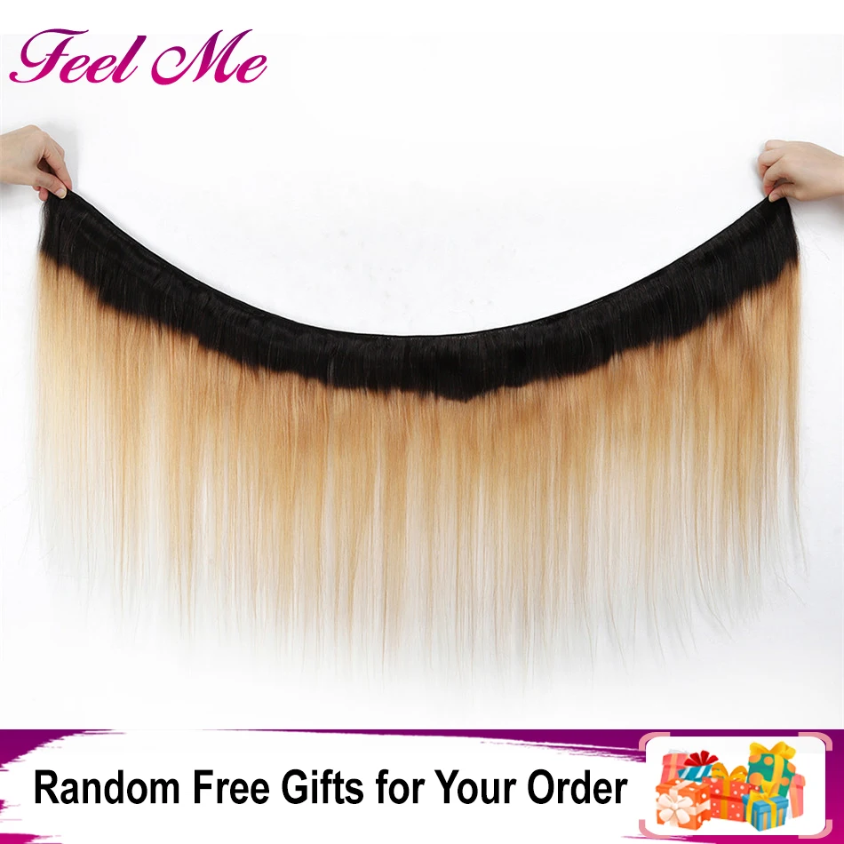 Feel Me Ombre Peruvian Straight Human Hair Bundles With Closure 1b/27 Honey Blonde Bundles With Closure Non Remy Hair Extensions