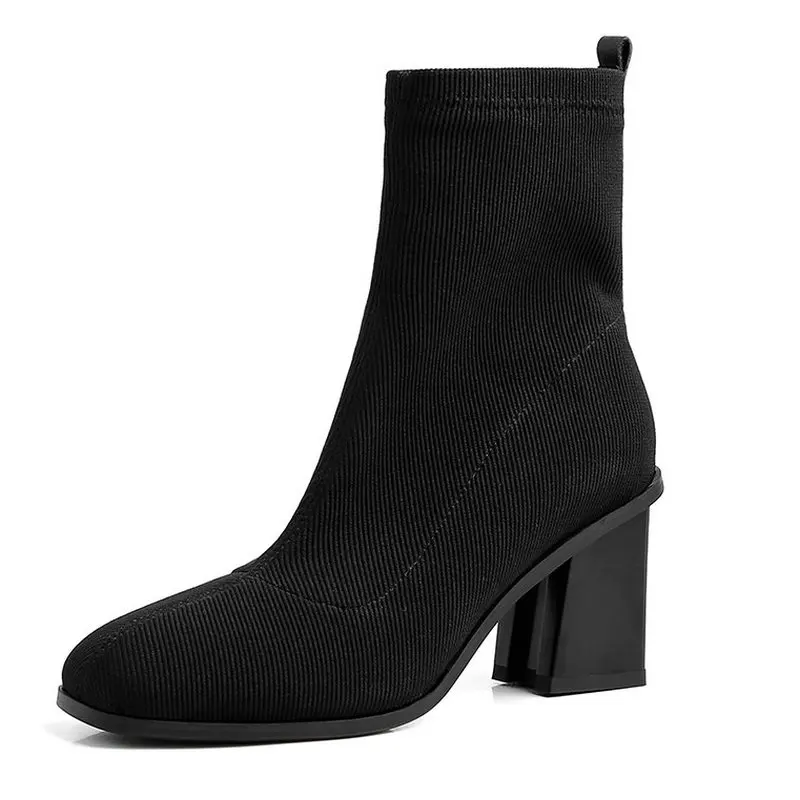 

Ботильоны женские на молнии, трикотажные короткие сапоги на толстом каблуке, эластичная ткань, квадратный носок, модная обувь, весна-осень