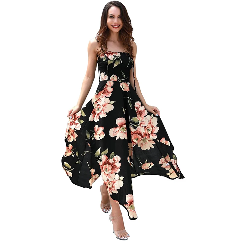 

Women Bohe Spaghetti Strap Dresses Summer Fashion Floral Print Sexy Sleeveless Swing Dress Female Vintage A-Line Beach Dress