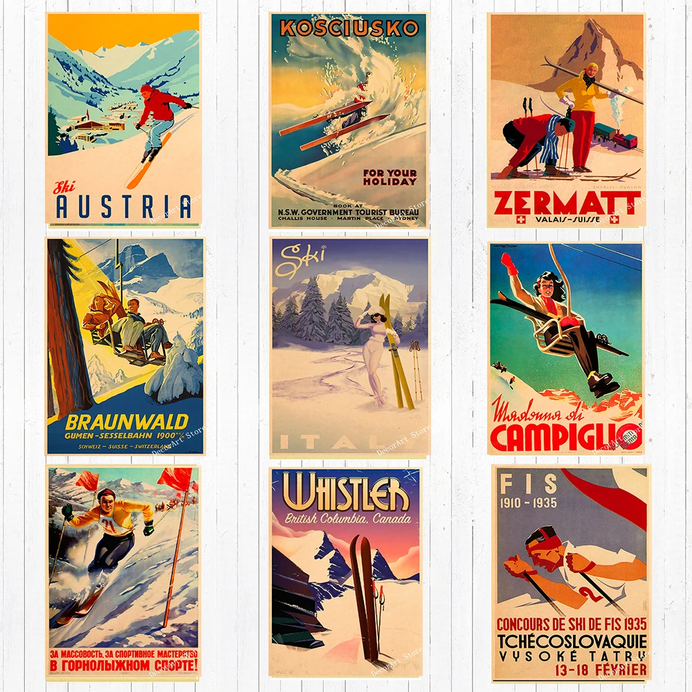 Ретро Картина на холсте лыжи в Америке катание лыжах винтажные настенные постеры
