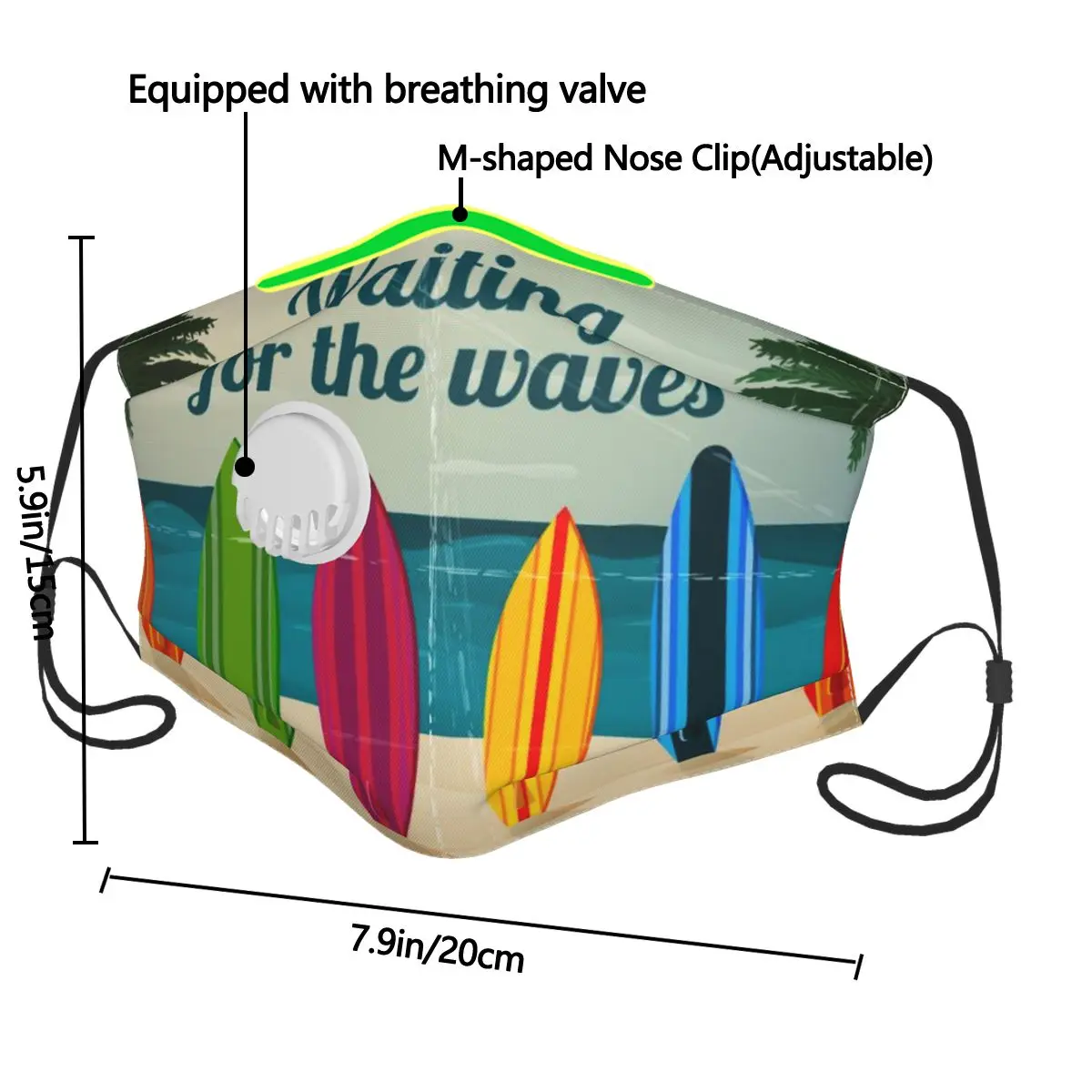

Hawaii Beach Surfboard Face Mask Respirator Washable Reusable Mouth Masks with Filter for Men Women