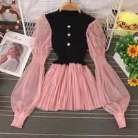 2021 early spring new round neck blouse women pleated lantern sleeve stitching hedging knitted blusa lace shirt c796