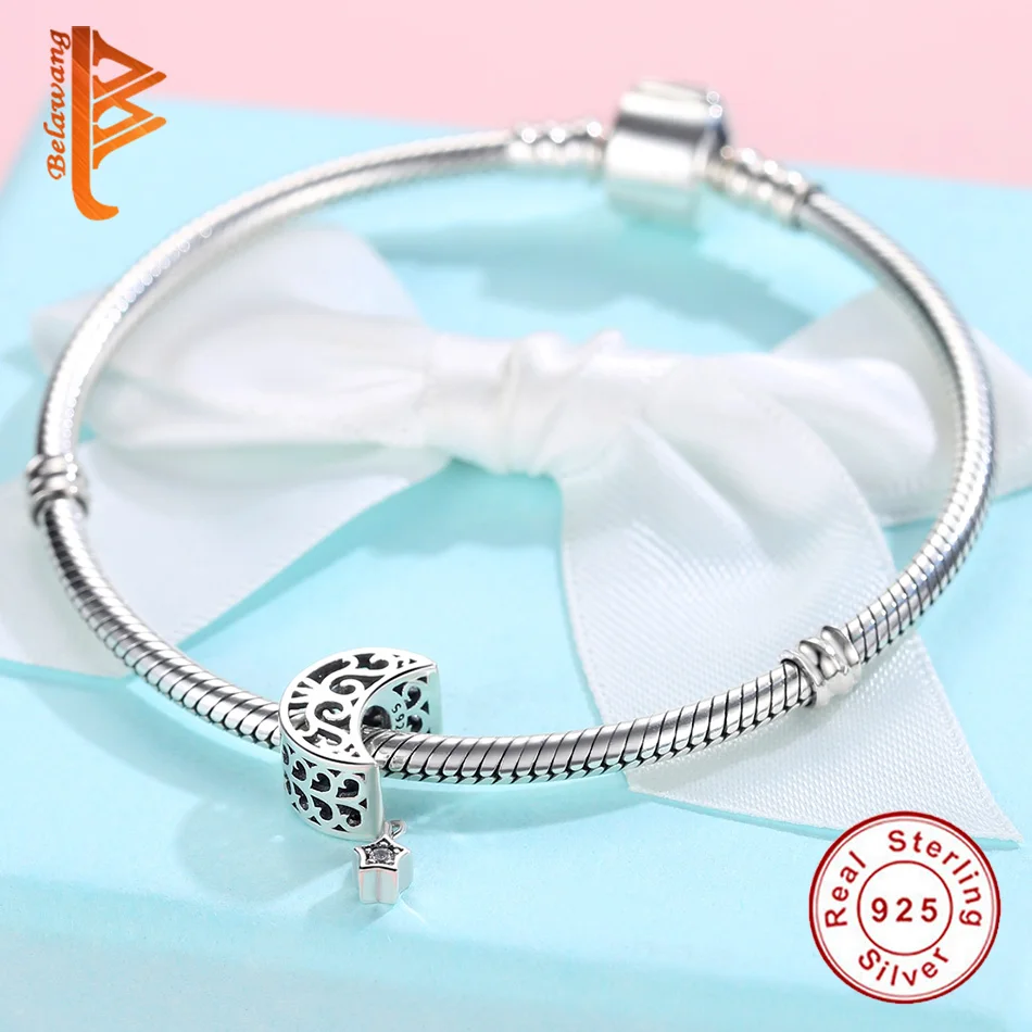 BELAWANG Luxury 925 Sterling Silver Openwork Moon and Star Goodnight Charm Beads fit Bracelet DIY Jewelry Valentine Day Gift | Украшения и