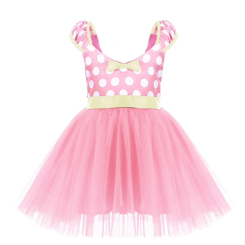 Pink Knee Length Милое Платье с Минни Маус для маленьких девочек, маскарадный костюм Микки Мауса, нарядное платье в горошек, фатиновое платье для девочек платье с Минни Маус на день рождения - Цвет: Pink Knee Length