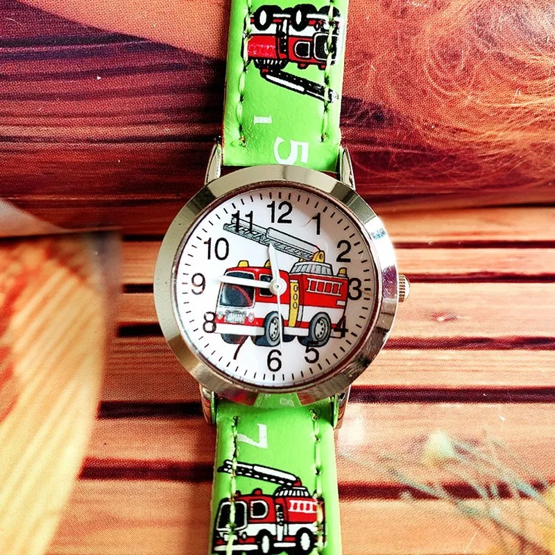 

Hot fashion cute children cartoon fire truck boy quartz belt watch gift table