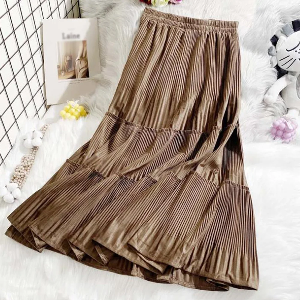 

Autumn Winter High Waist Women's Long Skirt Korean Style Ladies Retro Velvet Pleated Skirt Female Casual Party Loose Maxi Skirts