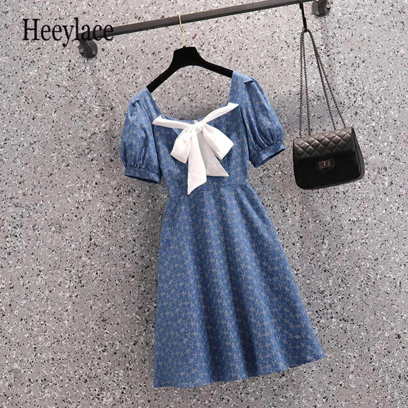 

Женское платье-трапеция миди, винтажное платье с квадратным вырезом, рукавами-фонариками, высокой талией и принтом, синее, во французском ст...