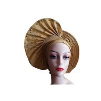 gold nigerian gele headtie with beads already made auto gele turban cap african women headwraps z1030 3