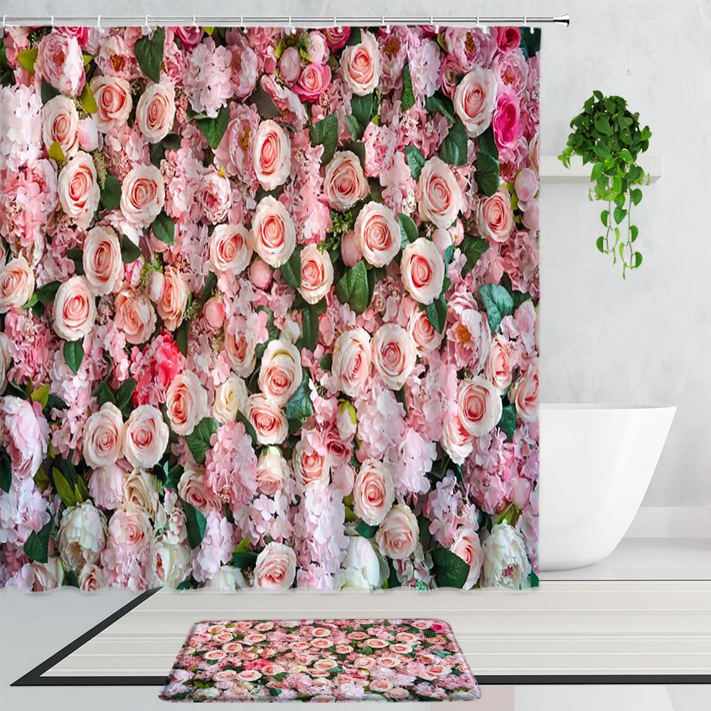 

Pink Rose Shower Curtains Spring Romantic Green Vine Flower Plant Bathroom Curtain Set Non-Slip Carpet Bath Mat Bathtub Screen